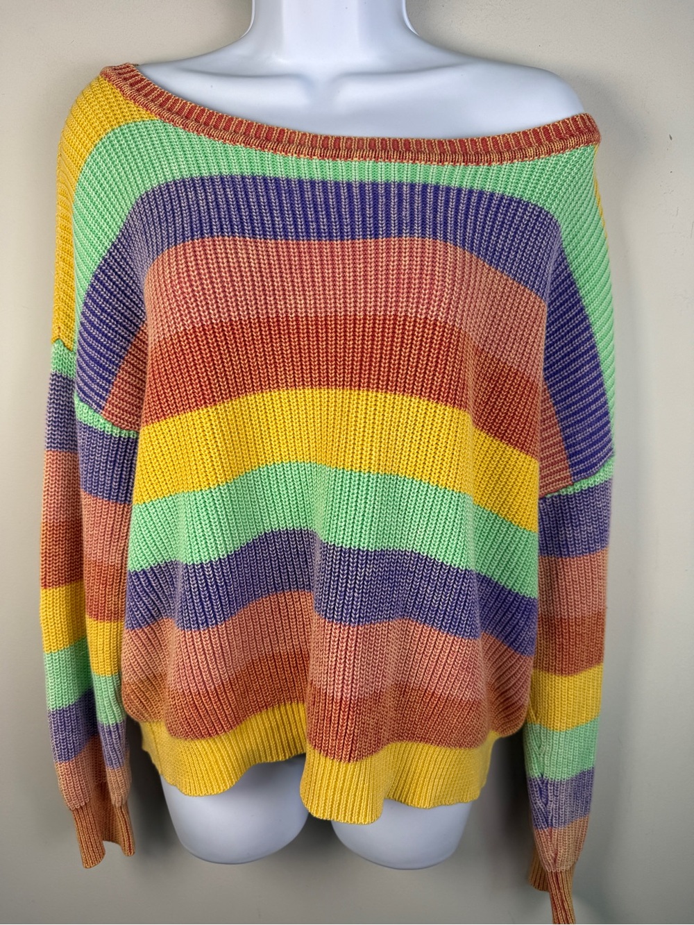 Blank Paige Chunky Knit Rainbow Striped Boatneck Cotton Sweater Sz S